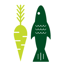 Illustrated carrot next to an illustrated fish
