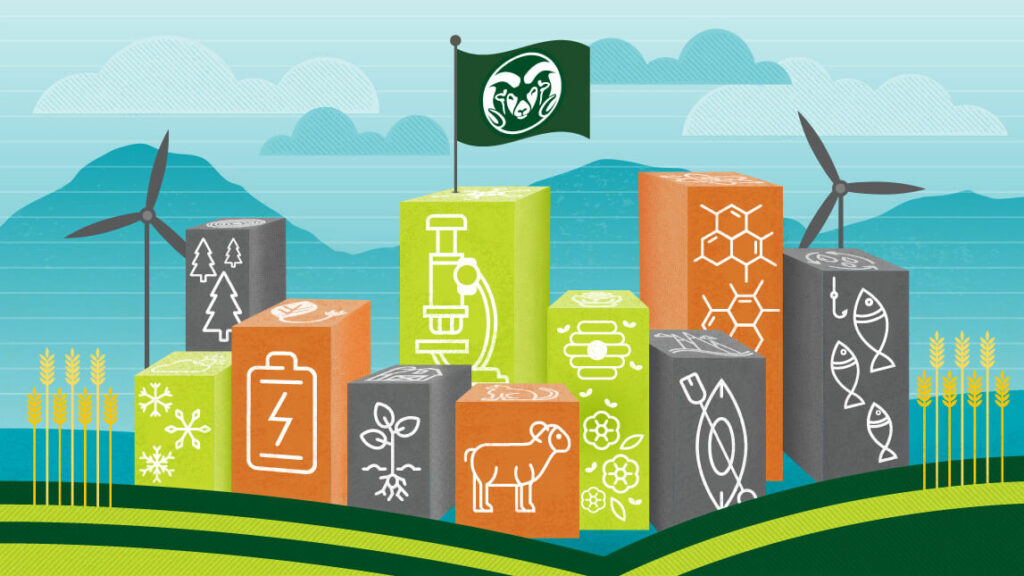 Illustration depicting blocks of different heights with icons on them representing the economy (fish, trees, snow, microscope, plants) against a blue mountain background 