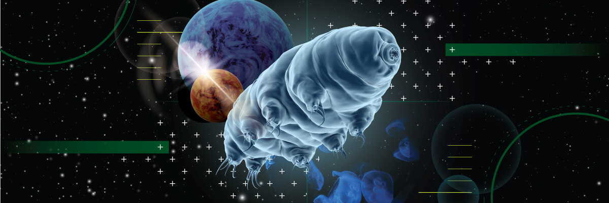 A tardigrade floats against a dark starry background with various planets and vector shapes behind it.